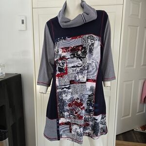 Marie Claire Women's Navy and Red Patterned Cowl Neck Dress